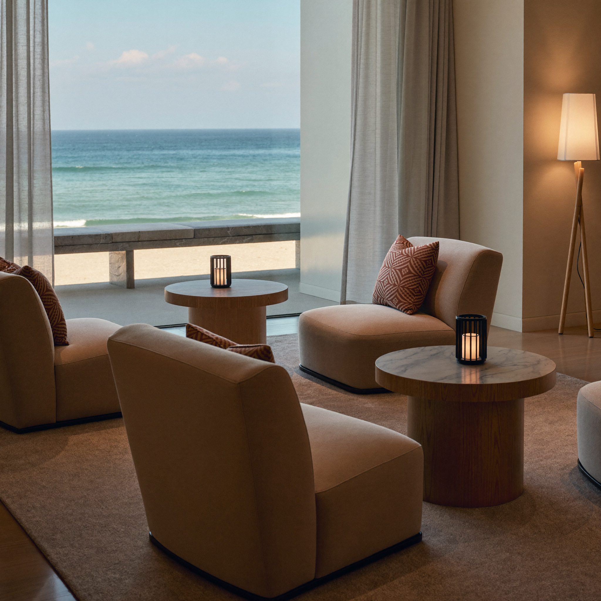 Guest relaxation lounge seating at Harbour Suite